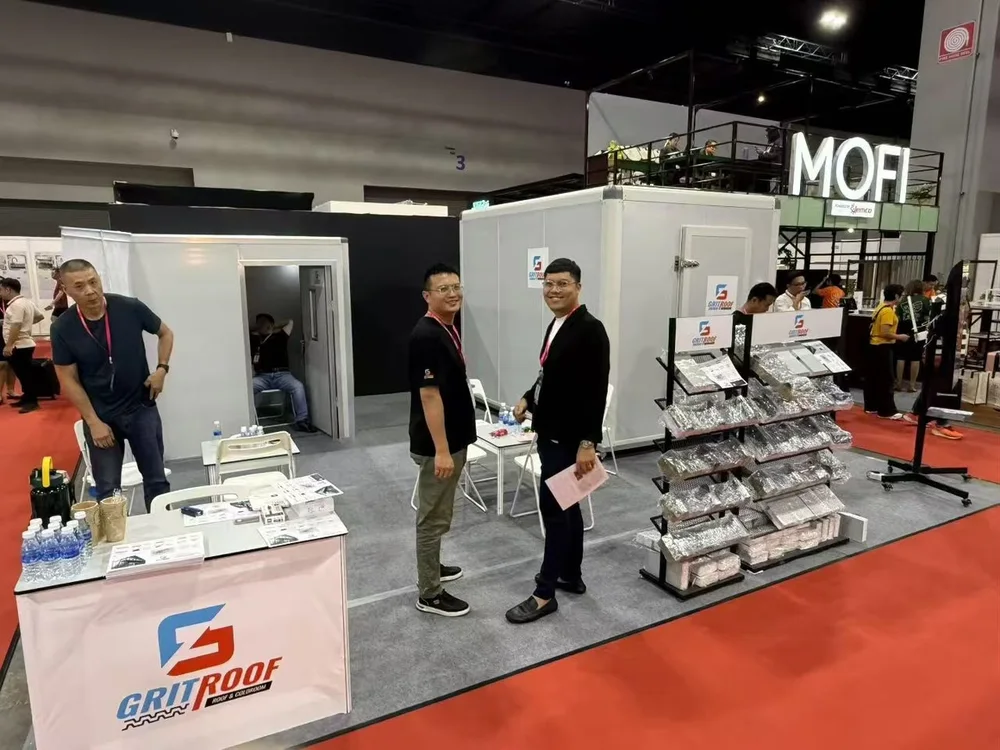 Building products displayed at an exhibition stand.